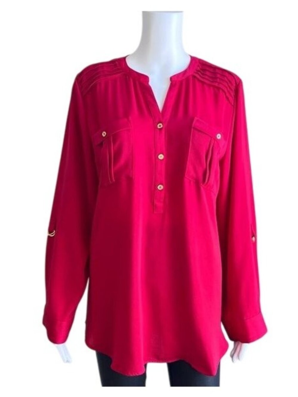 Chico's Military Marvel Mila Long Sleeve Top in Red - L